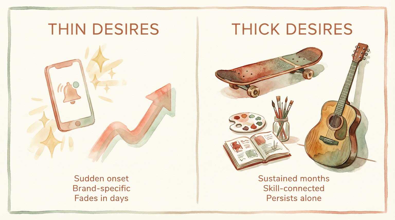 Comparison chart showing thin desires fade quickly versus thick desires that persist and connect to skills