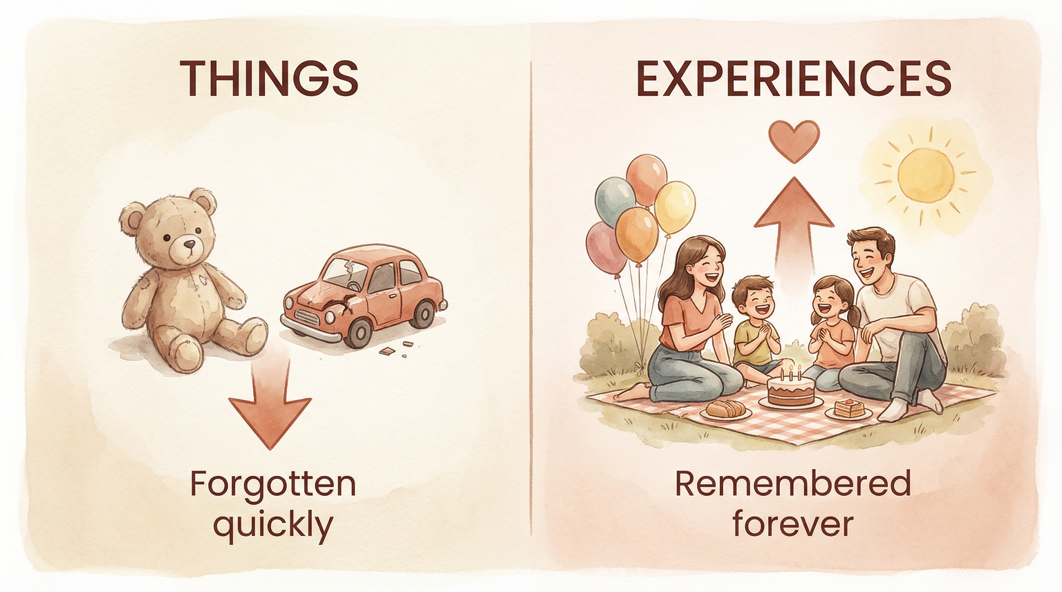 Comparison chart showing experiences are remembered longer than material things