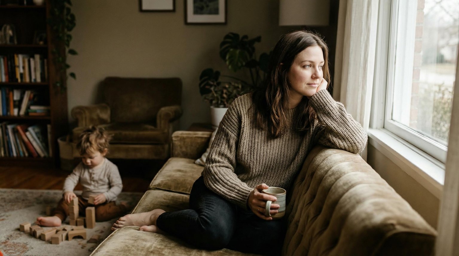Young mother sitting on couch looking contemplative with child playing in background