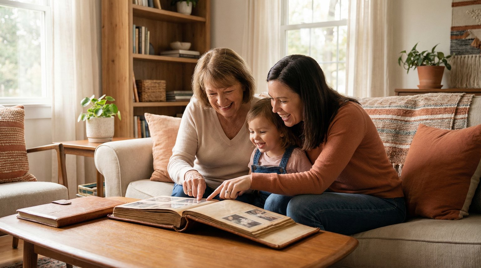 Grandmother mother and young child sharing tender moment looking at photo album together in warm living room