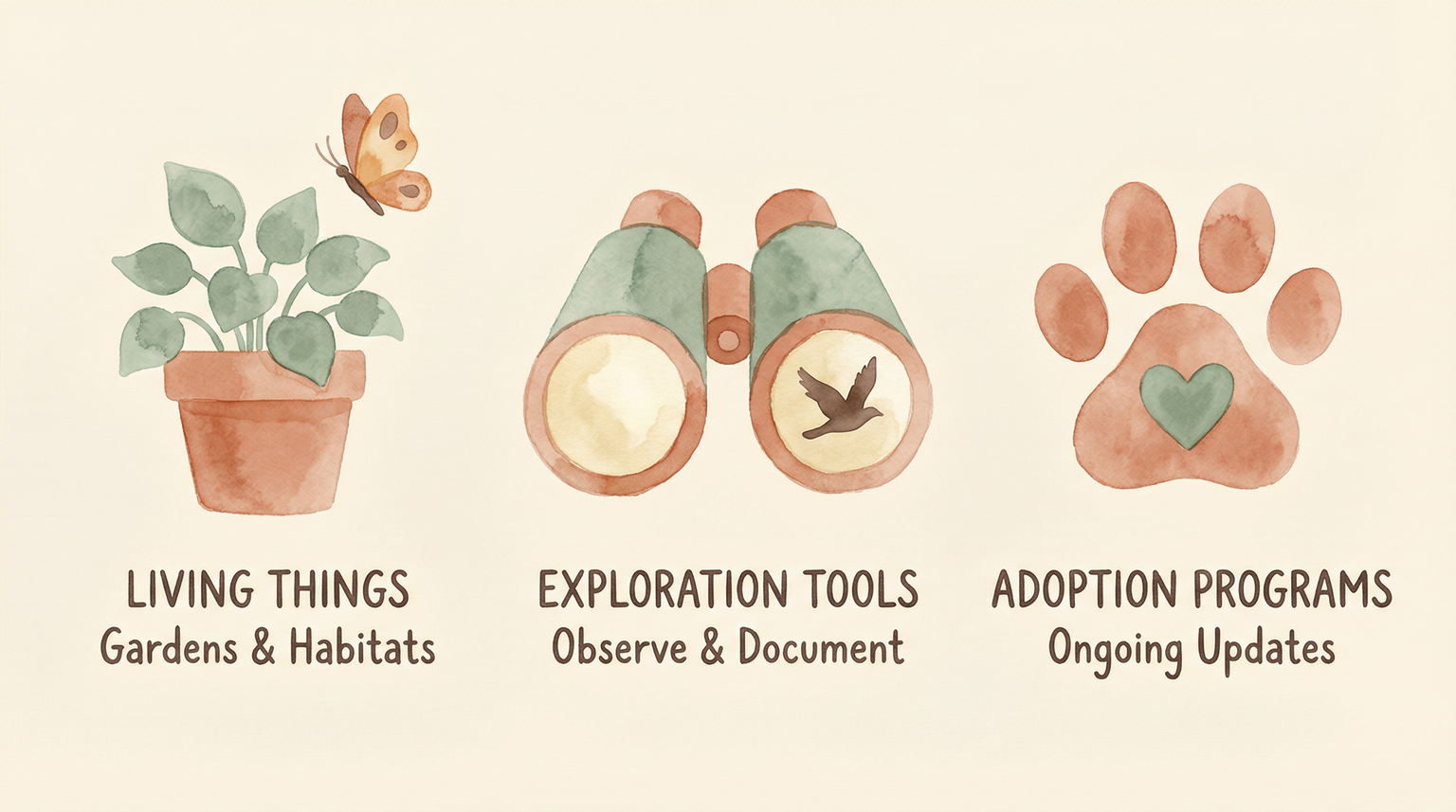 Three illustrated gift categories showing potted plant, binoculars with bird, and paw print with heart