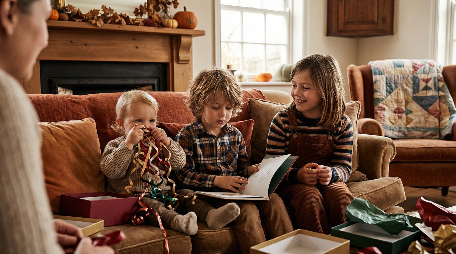 Three siblings of different ages opening gifts together showing varied gratitude responses