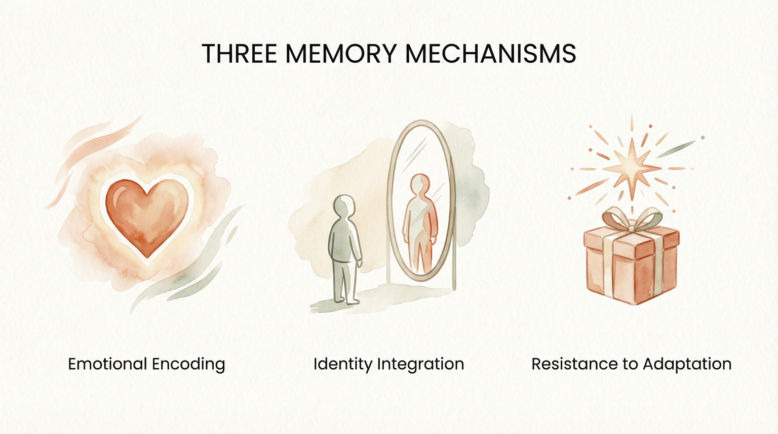Infographic showing three memory mechanisms with heart, mirror, and sparkle icons