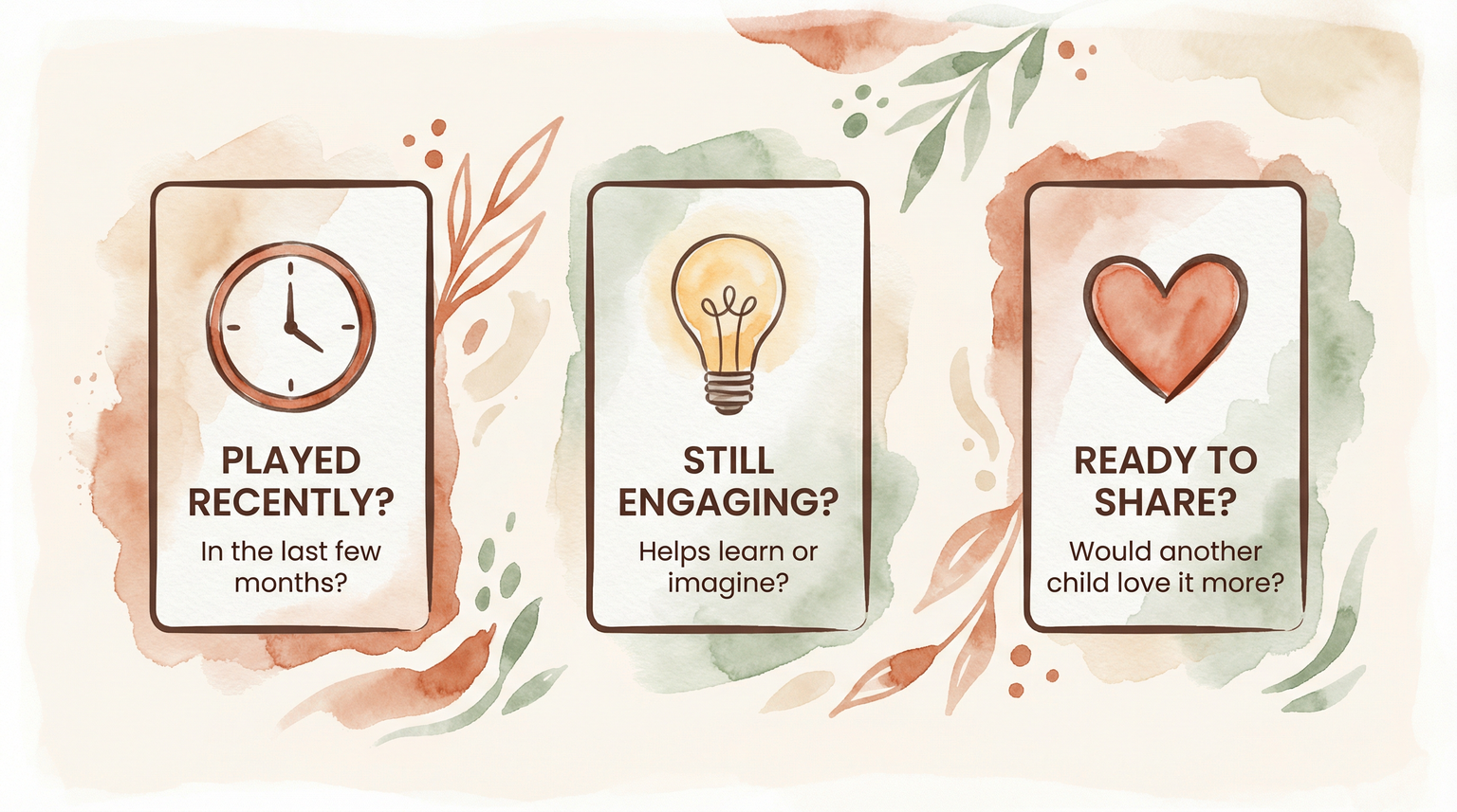 Three question cards for evaluating toys with clock, lightbulb, and heart icons