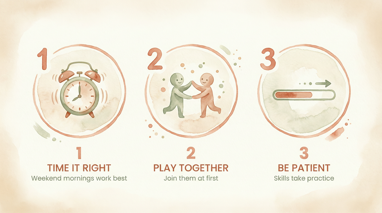 Three step diagram showing time it right, play together, and be patient for introducing screen-free toys