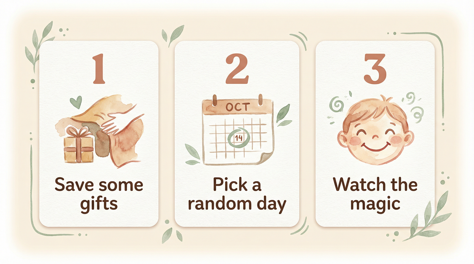 Three-step guide showing save some gifts, pick a random day, watch the magic