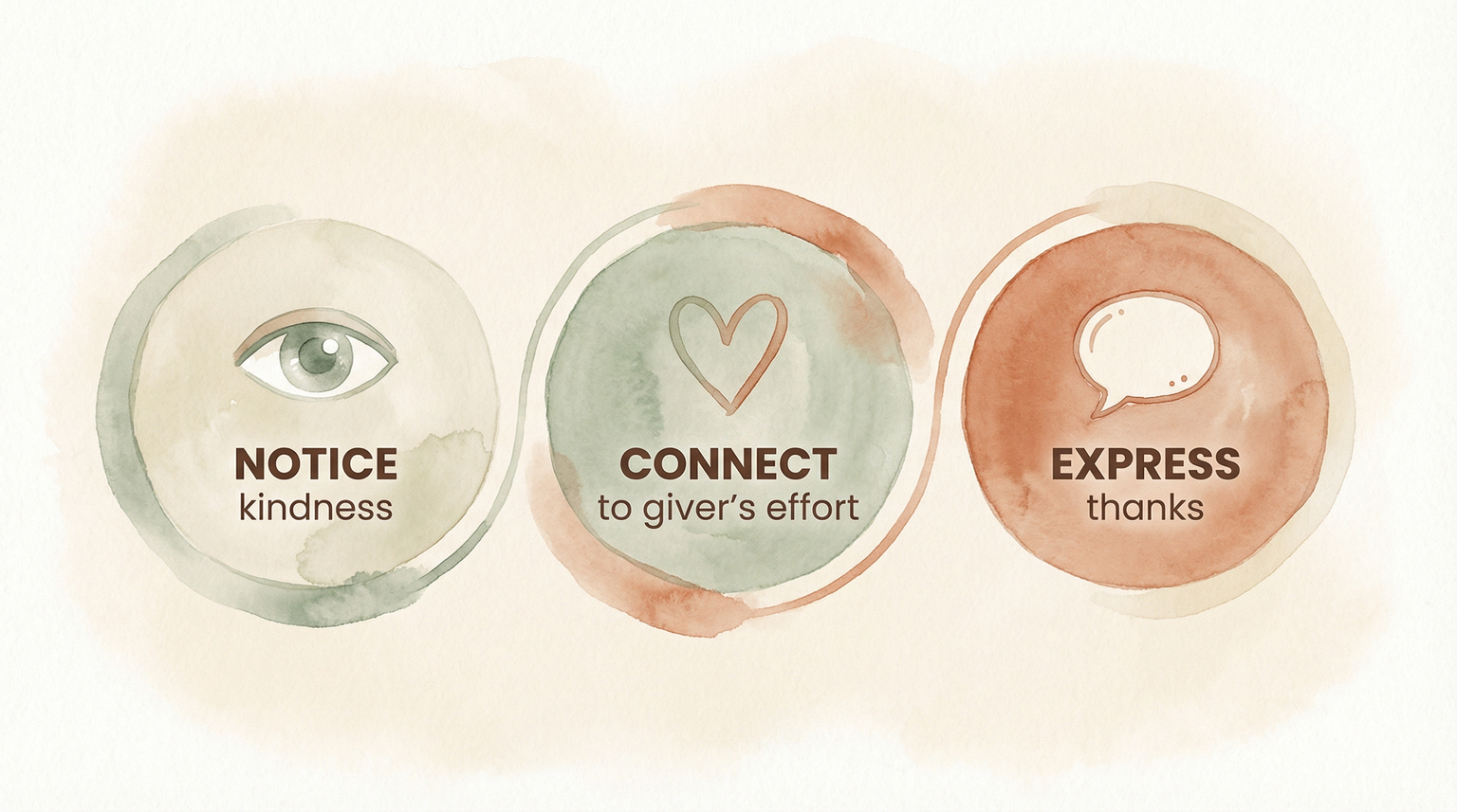 Three connected circles showing gratitude development stages: notice kindness, connect to giver's effort, express thanks