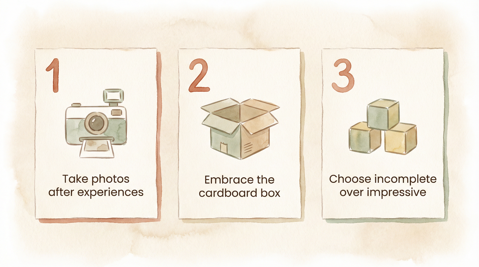 Three tips for experience gifts showing photo, cardboard box, and building block icons