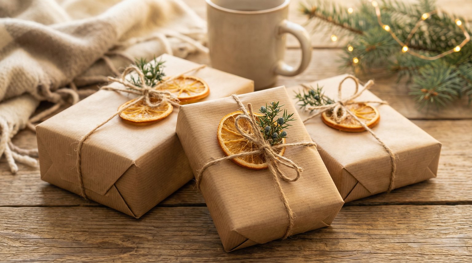 Three beautifully wrapped gifts in natural kraft paper with twine and dried orange decorations on wooden surface