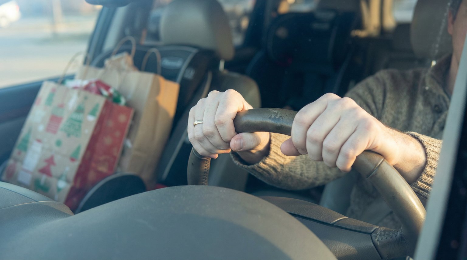 Close-up of parent hands gripping steering wheel tightly in parking lot with shopping bags visible in back seat