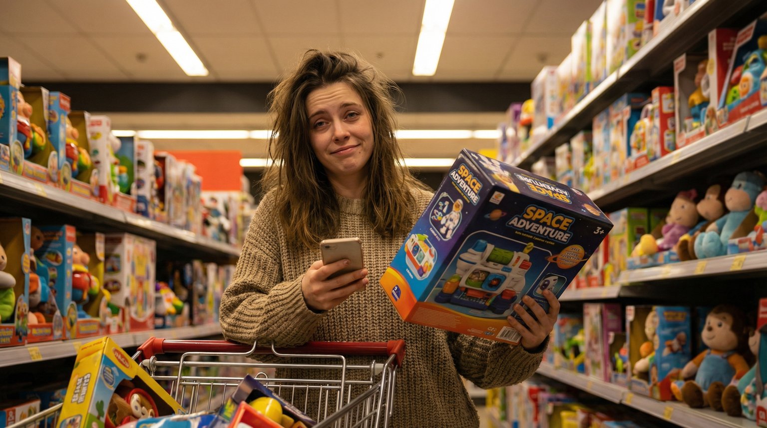 Tired mom in brightly lit toy store aisle at night holding phone and toy box looking overwhelmed
