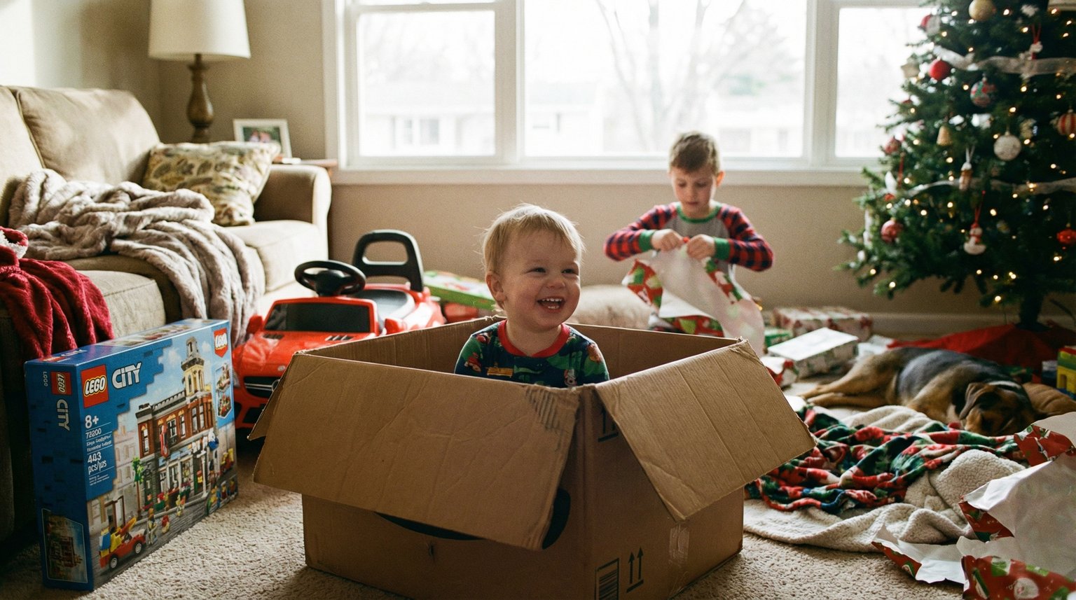 Toddler happily sitting inside cardboard box on Christmas morning while expensive toys sit ignored nearby