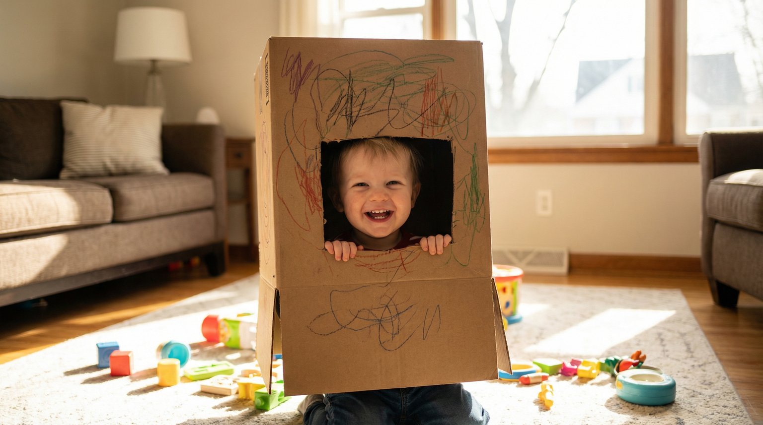 Toddler wearing cardboard box on head like helmet with big silly grin
