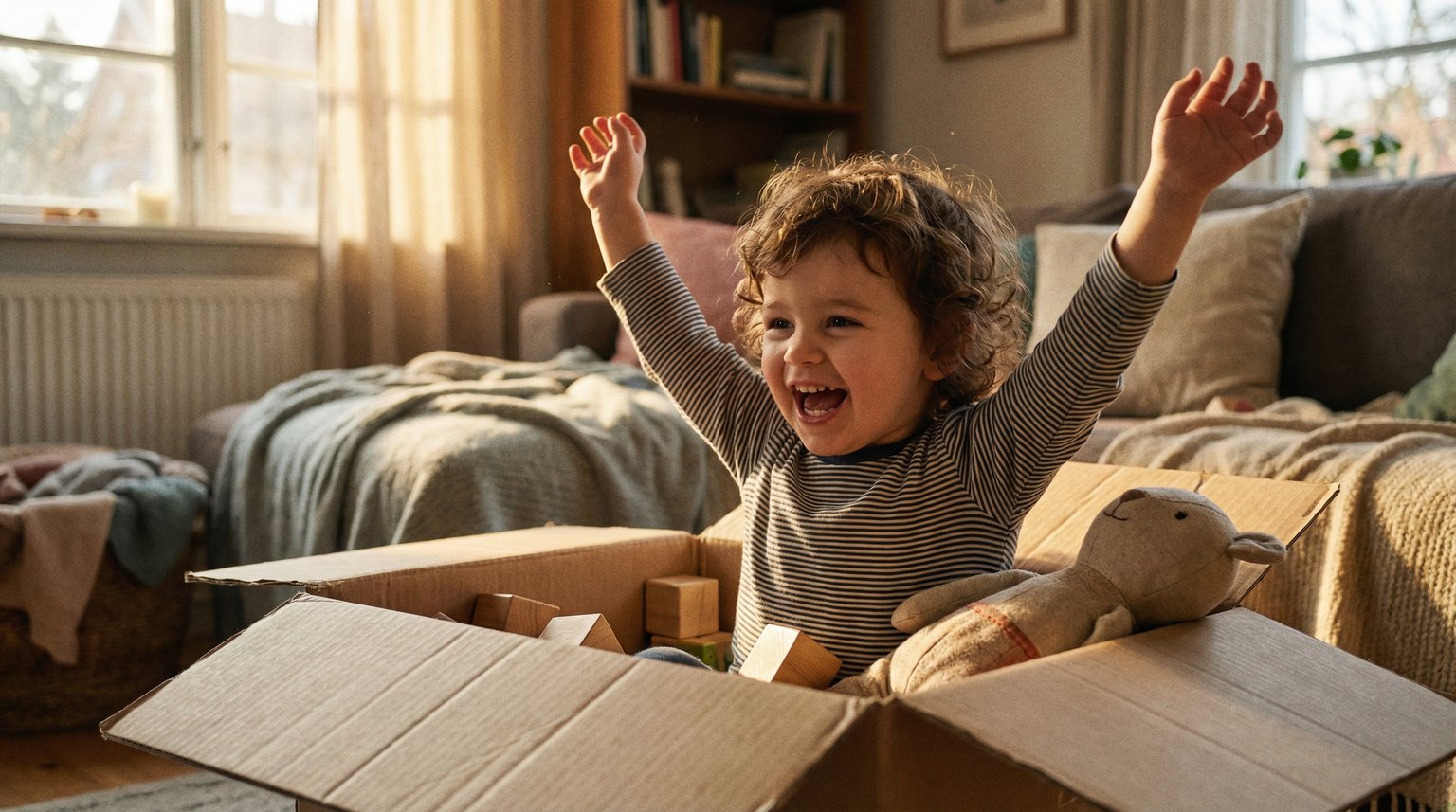 Joyful toddler sitting in cardboard box surrounded by simple toys laughing with arms raised