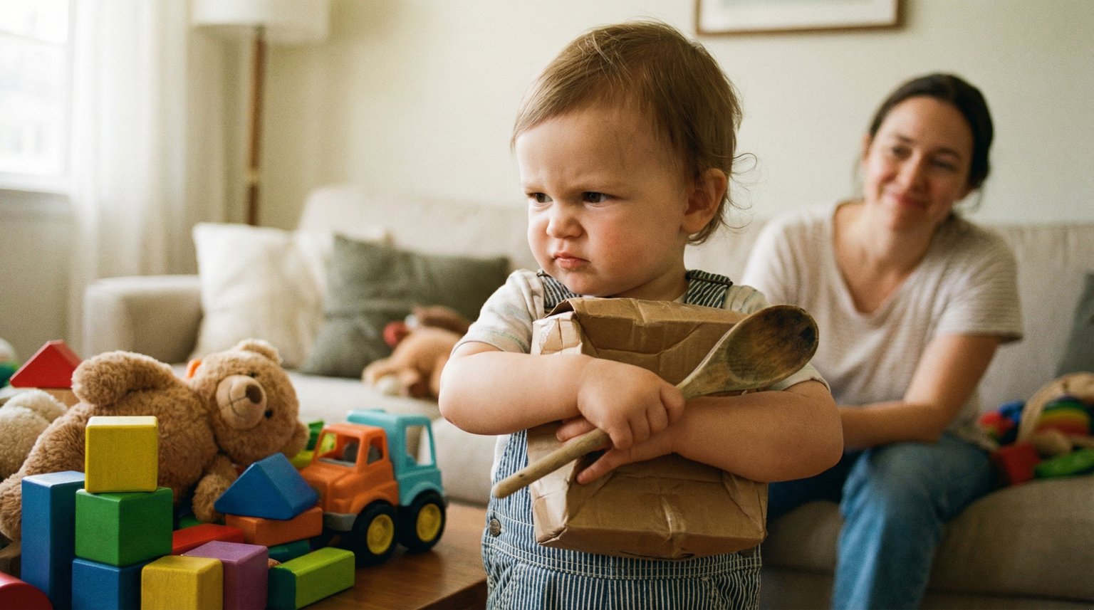 Toddler fiercely clutching cardboard box while ignoring actual toys nearby