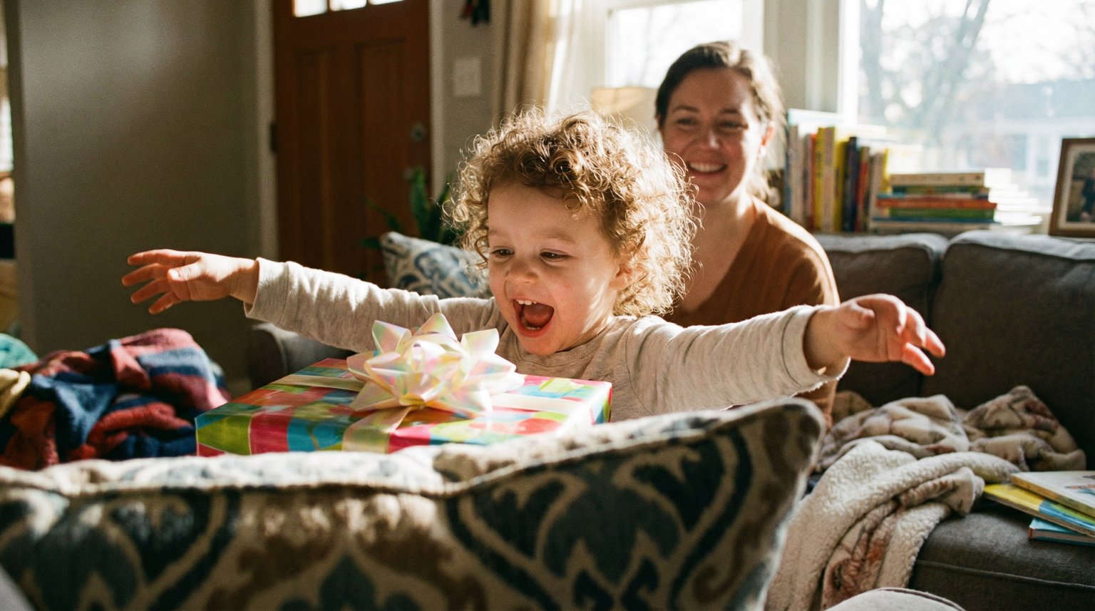 Joyful toddler discovering wrapped gift hidden behind couch cushion with delighted expression and parent smiling in background