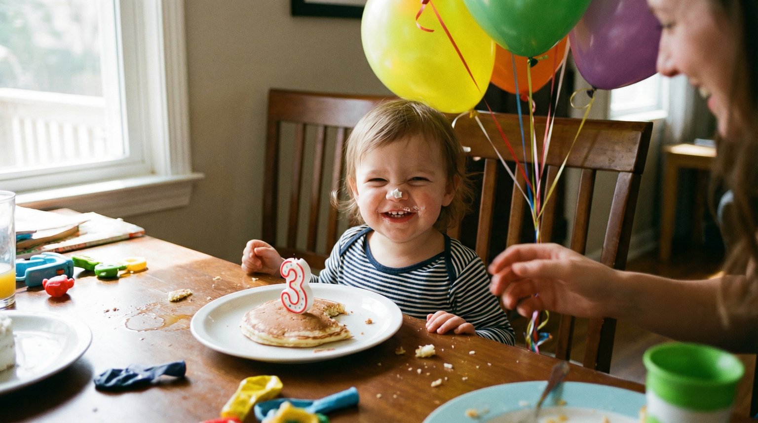 Toddler with frosting on nose giggling at breakfast table with half-eaten birthday pancake