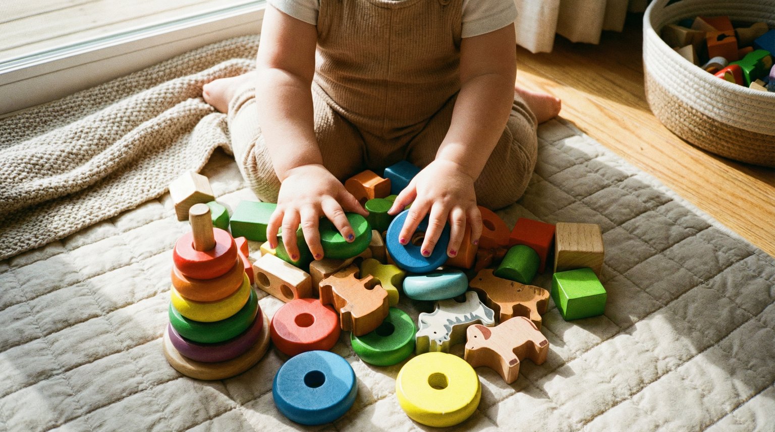 Toddler hands reaching for colorful wooden stacking toys on soft play mat