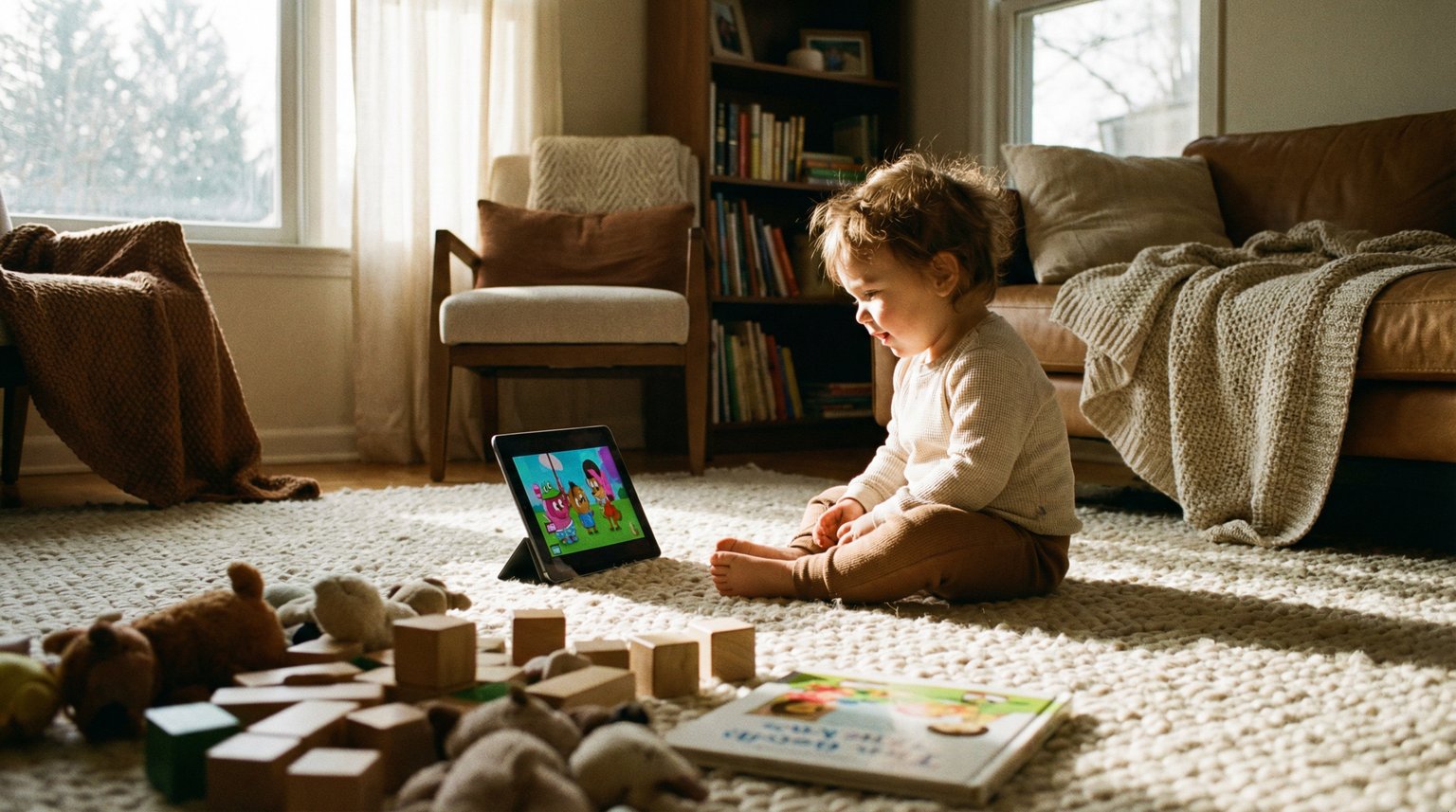 Toddler sitting on living room rug completely absorbed by tablet screen while toys sit ignored nearby