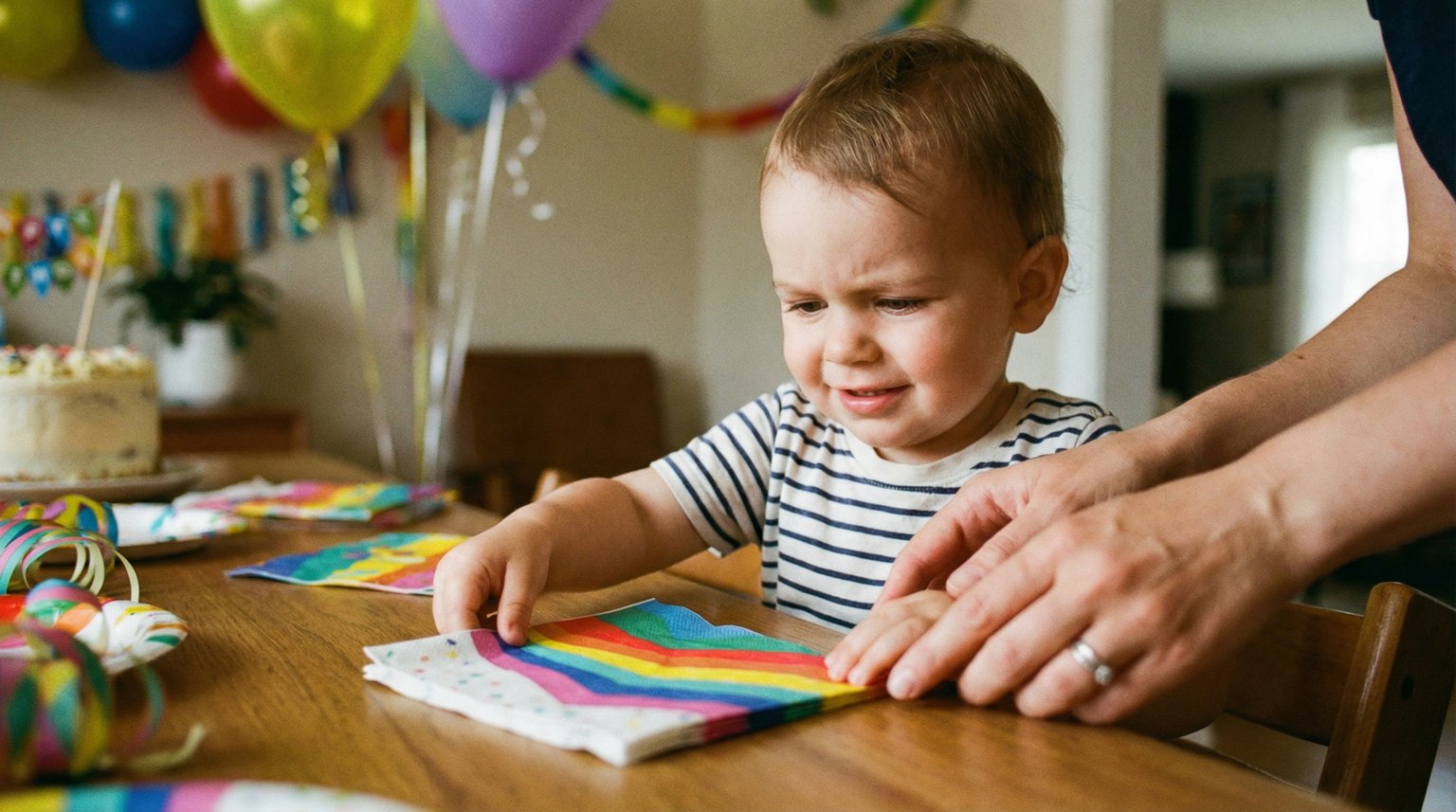 Toddler carefully placing colorful napkin on party table with concentrated expression