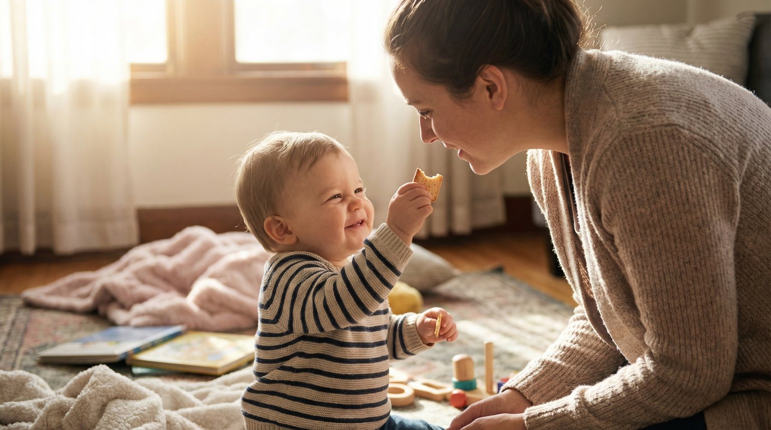Toddler reaching up to offer a cracker to smiling parent kneeling at their level in warm sunlit living room