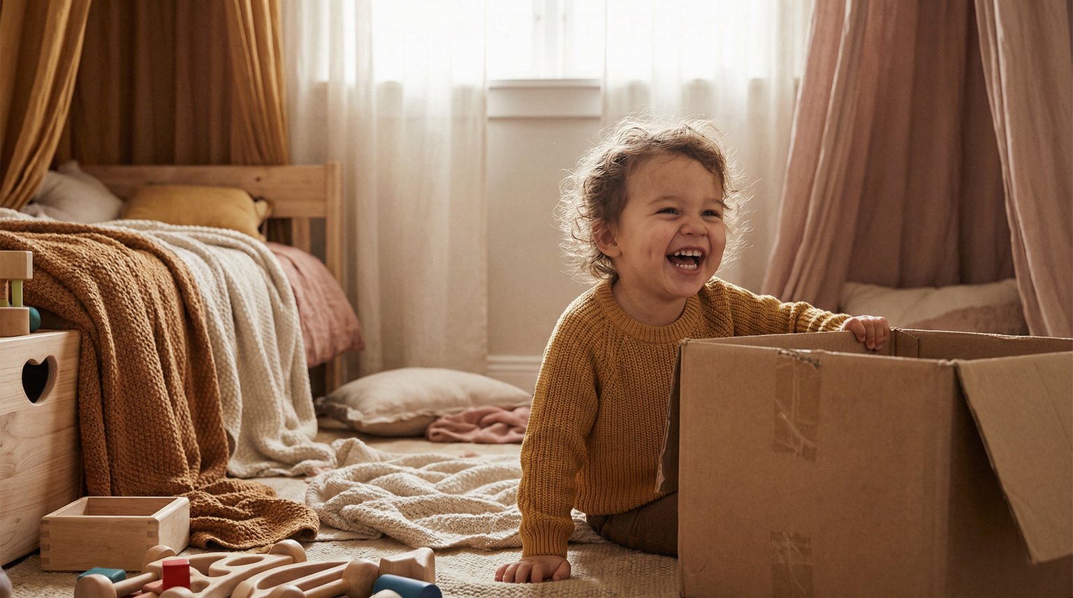 Joyful toddler playing peek-a-boo with cardboard box showing pure delight