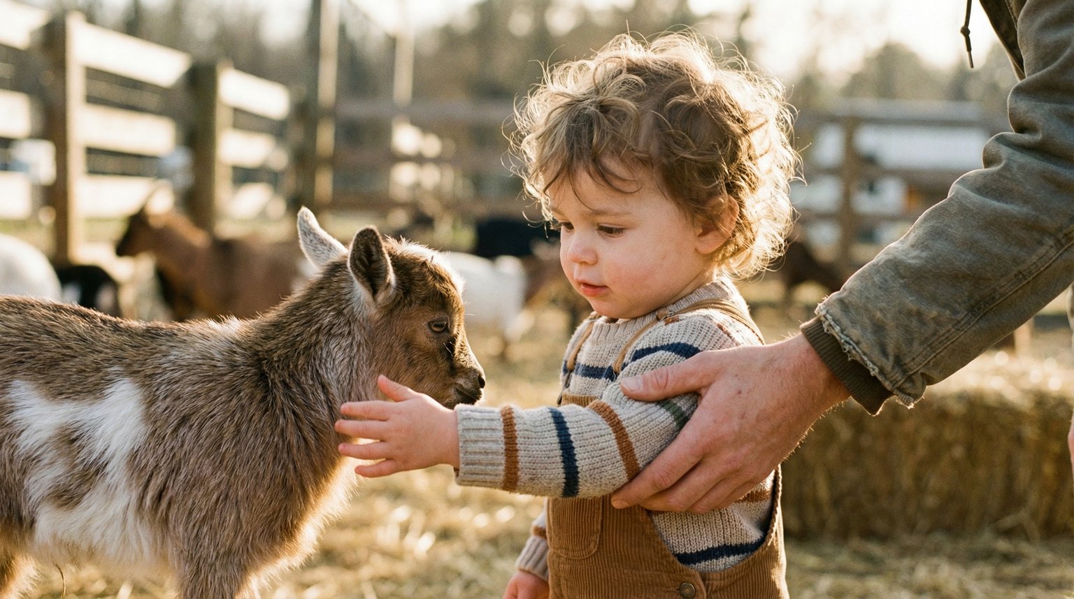 Toddler gently touching small goat at petting zoo with parent nearby