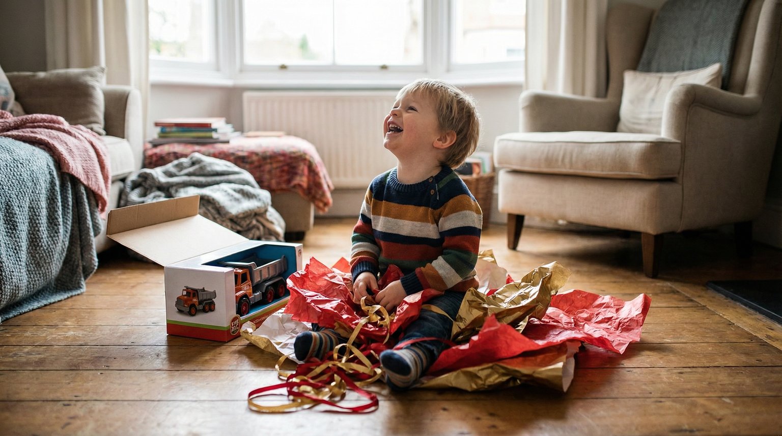 Delighted toddler sitting on floor ignoring gift box while happily playing with crinkled wrapping paper
