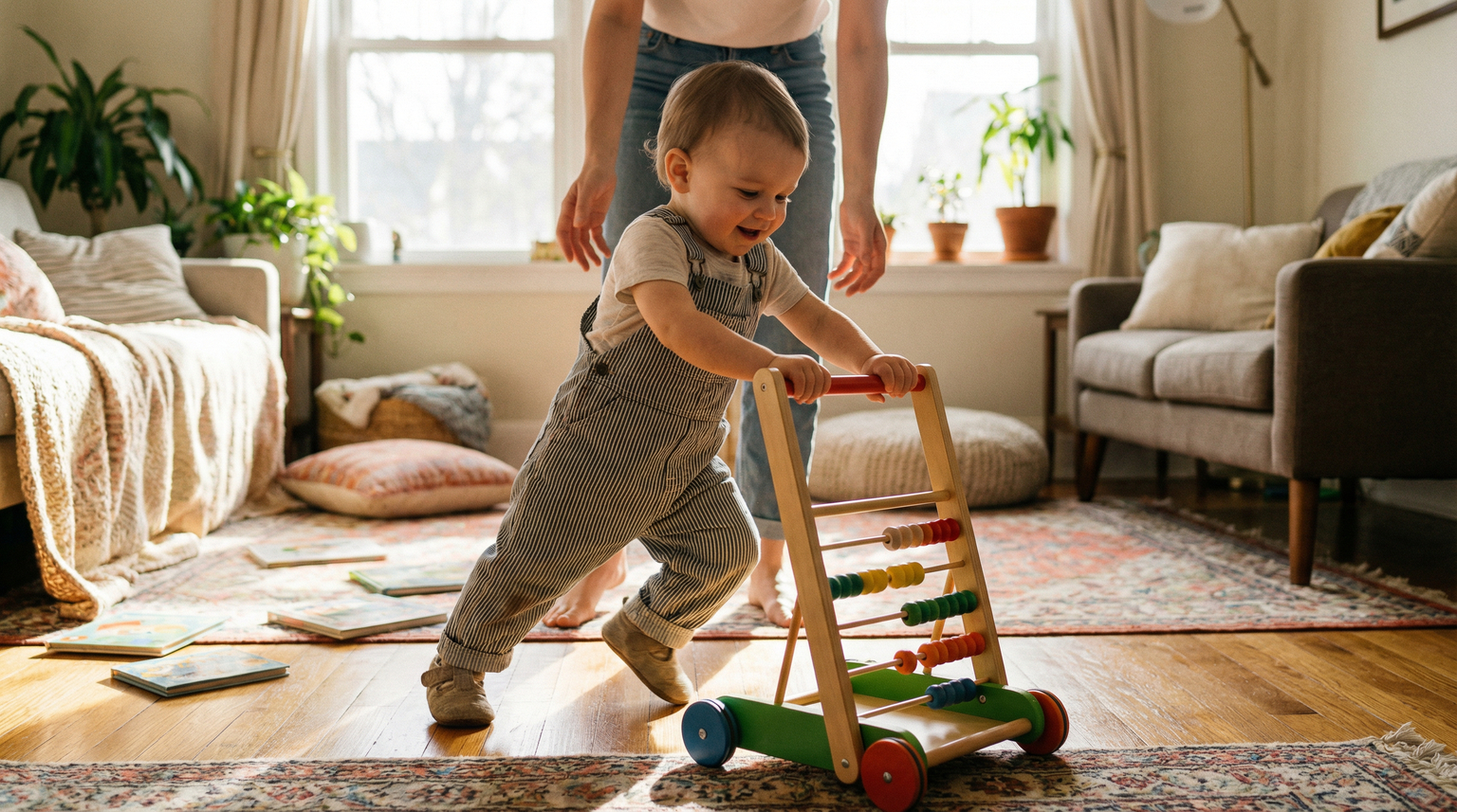 Toddler taking wobbly steps while pushing colorful wooden push toy across living room