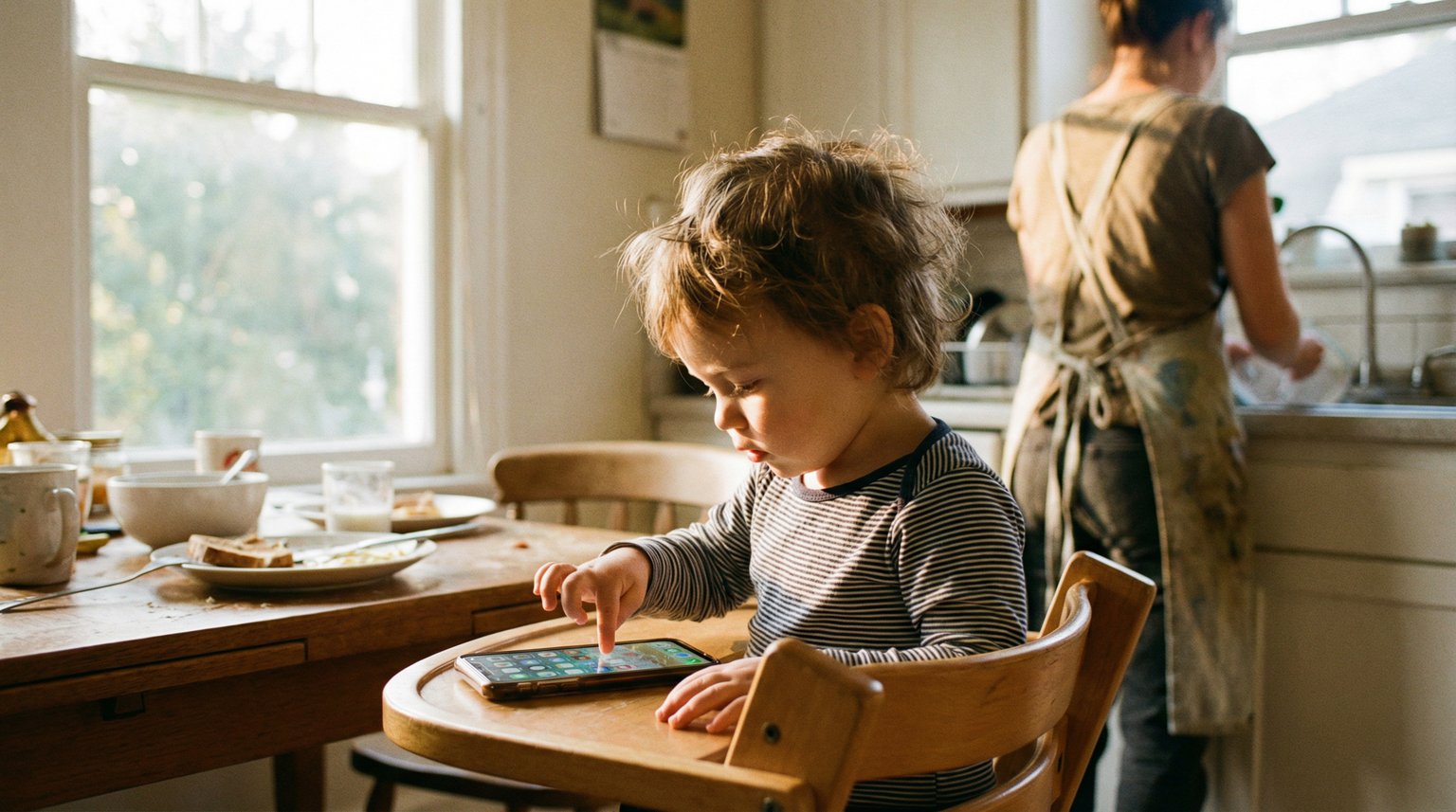 Toddler confidently swiping smartphone screen while sitting in kitchen high chair