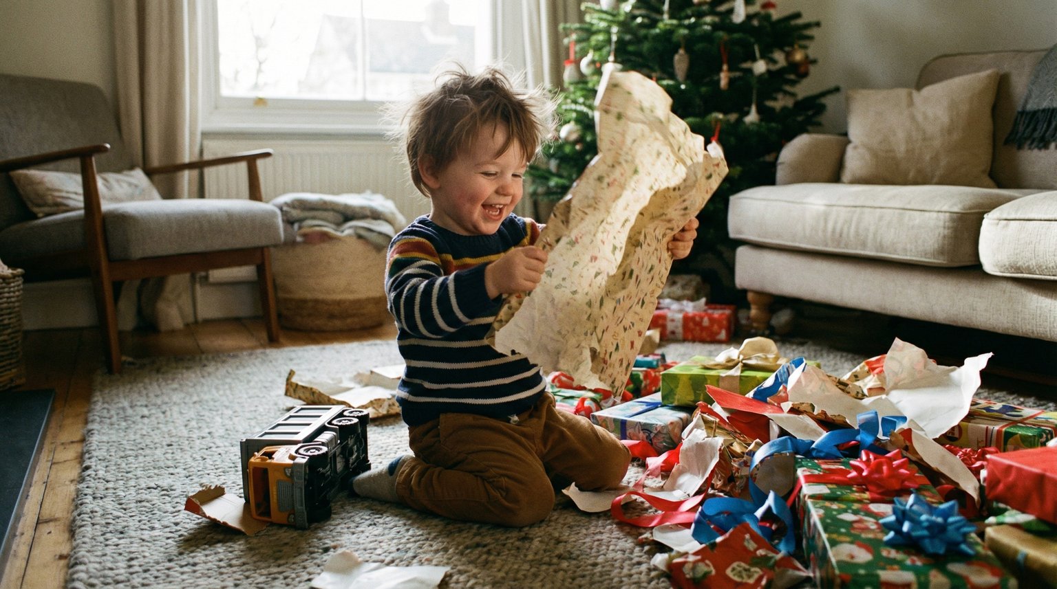 Toddler sitting on rug surrounded by wrapping paper excitedly holding crinkled paper