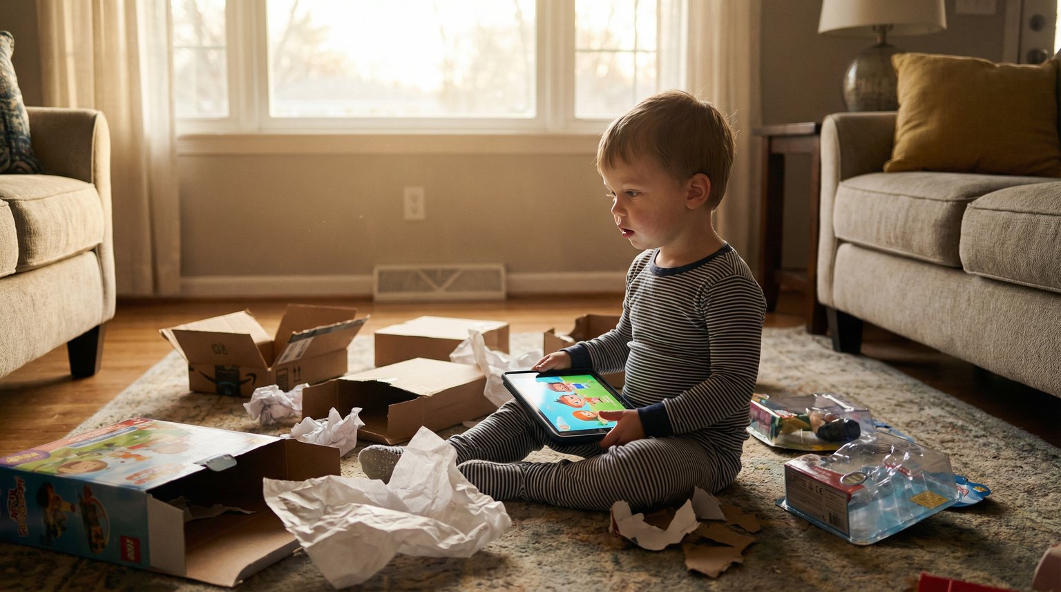 Toddler in pajamas surrounded by toy packaging looking longingly at tablet screen