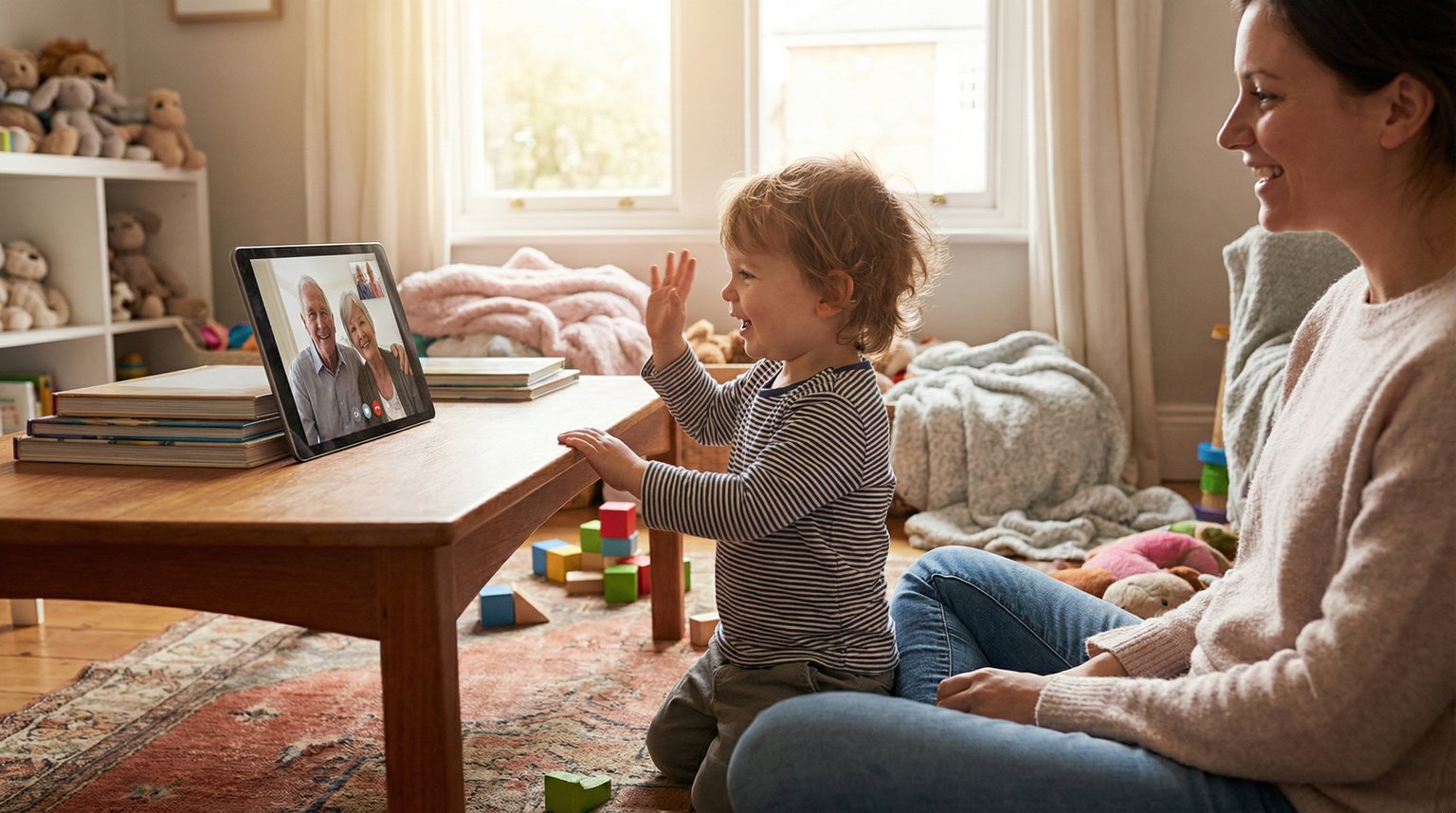Toddler waving at tablet screen believing they are interacting with someone while parent watches nearby