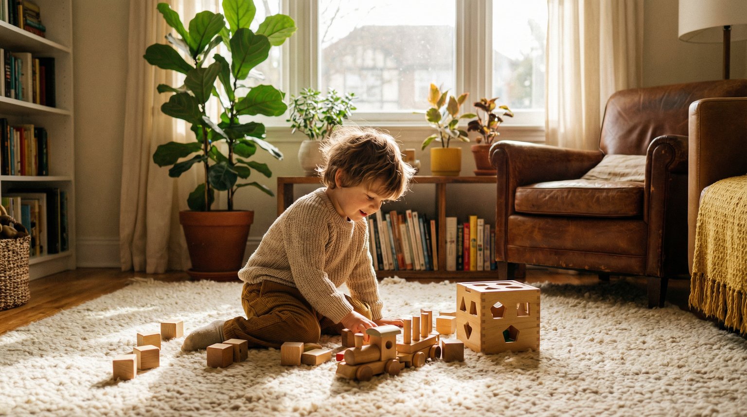 Toddler happily playing with simple wooden toys on soft rug in cozy living room