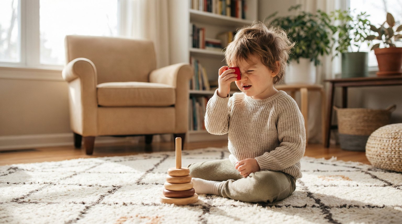 Toddler absorbed in playing with colorful wooden stacking toy in soft window light