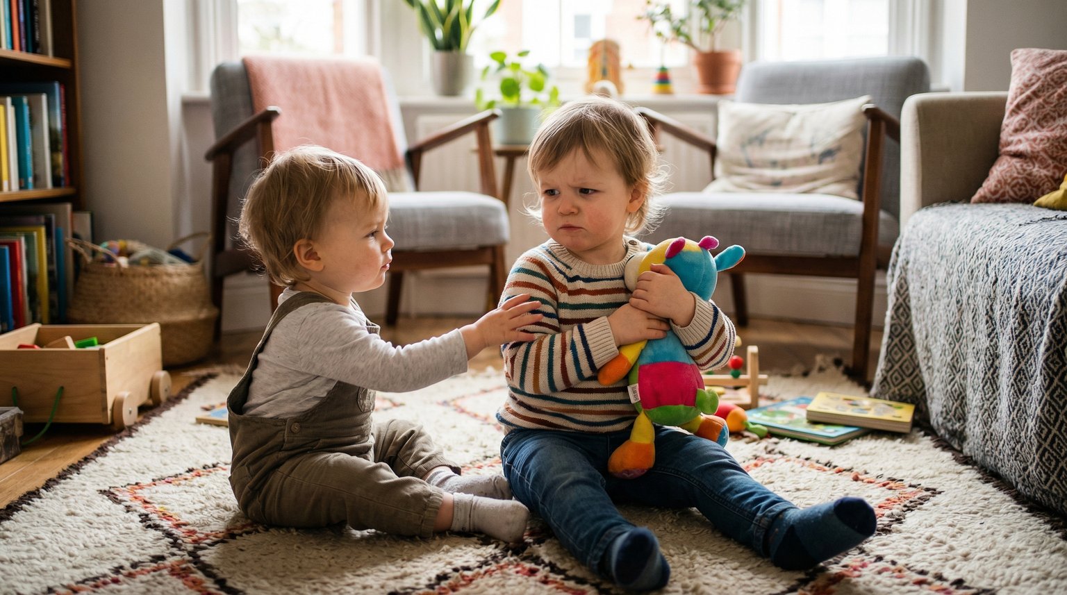 Two toddlers on soft rug with one clutching toy protectively while the other reaches for it