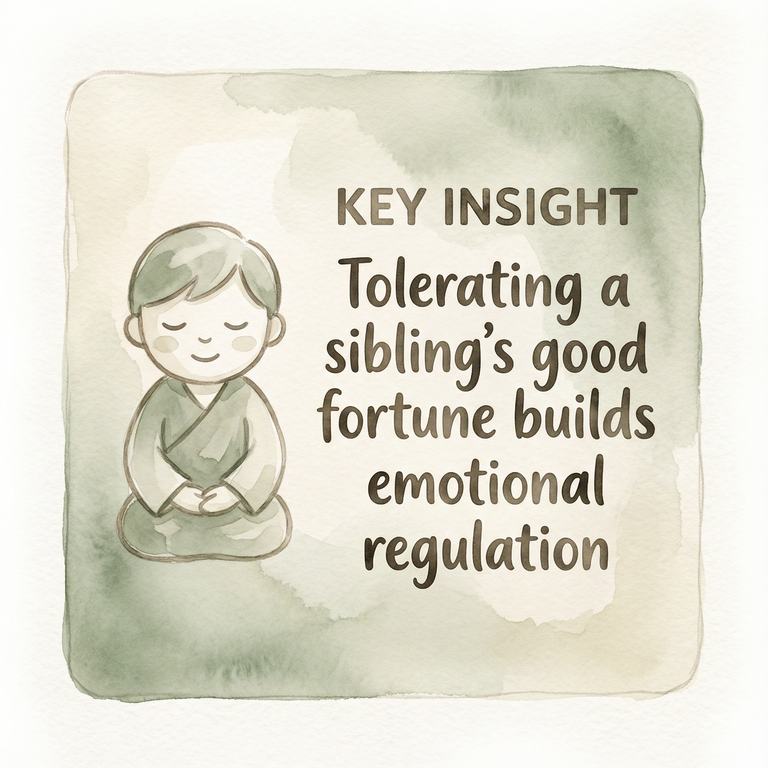 Key insight box showing that tolerating a sibling's good fortune builds emotional regulation