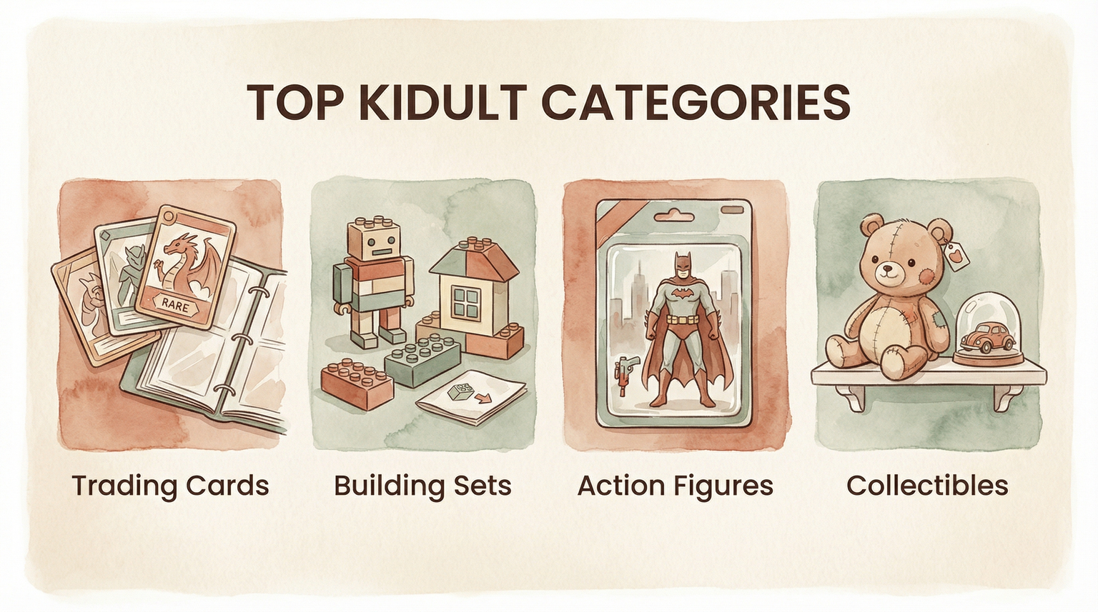Illustrated infographic showing top kidult categories including trading cards building sets action figures and collectibles