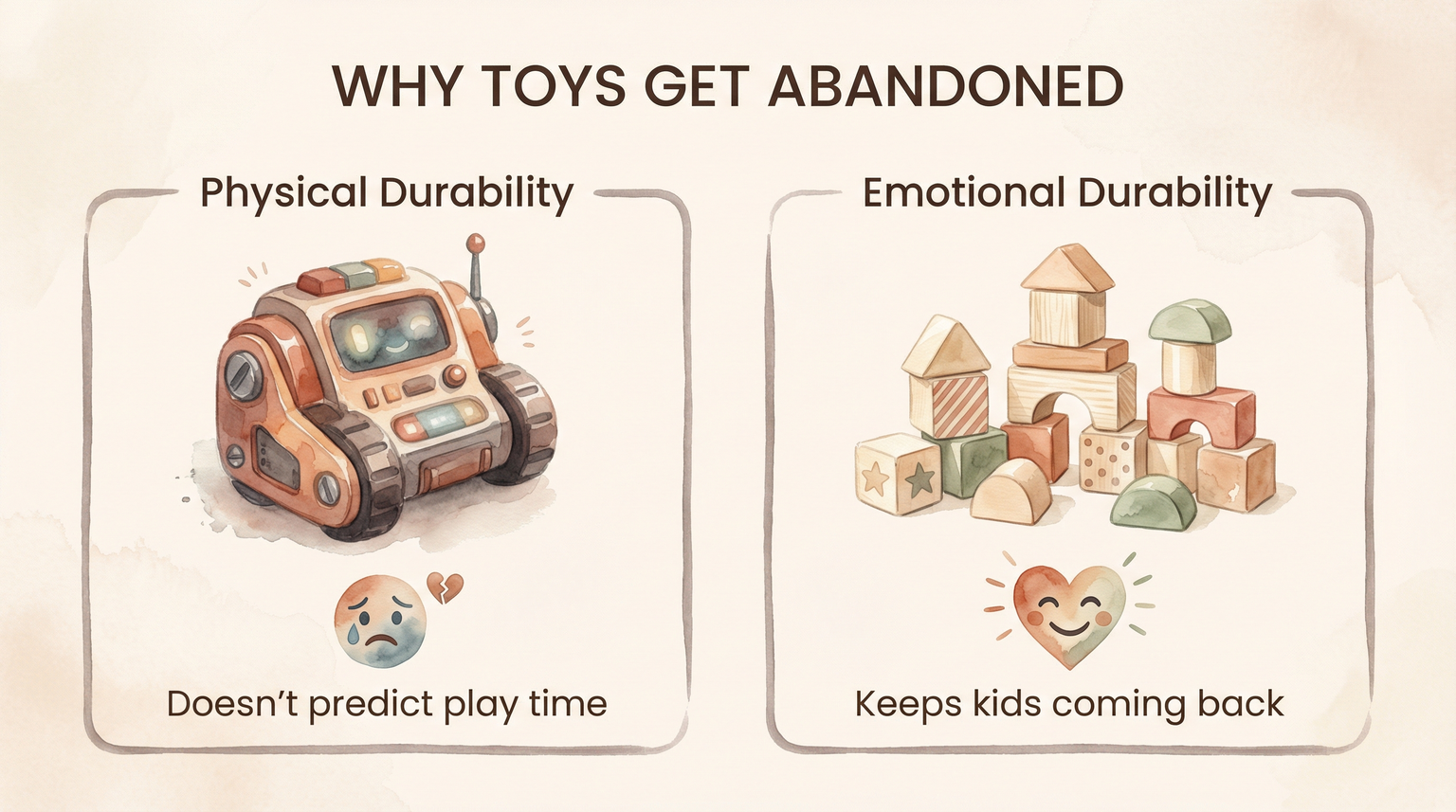 Comparison showing physical durability does not predict play time while emotional durability keeps kids returning
