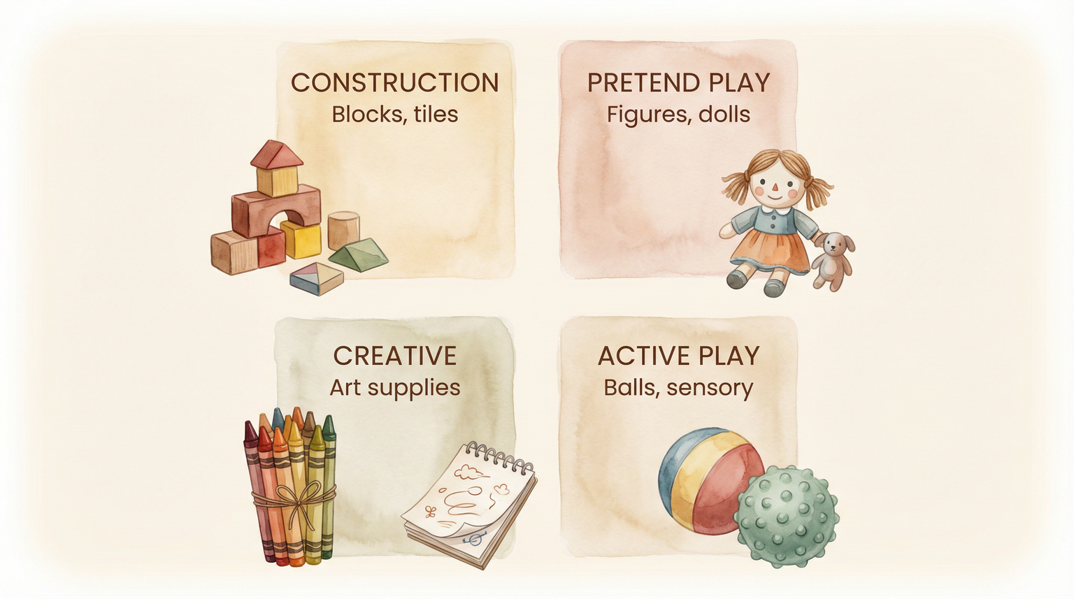 Diagram showing four toy categories to maintain balance: construction, pretend play, creative, and active play