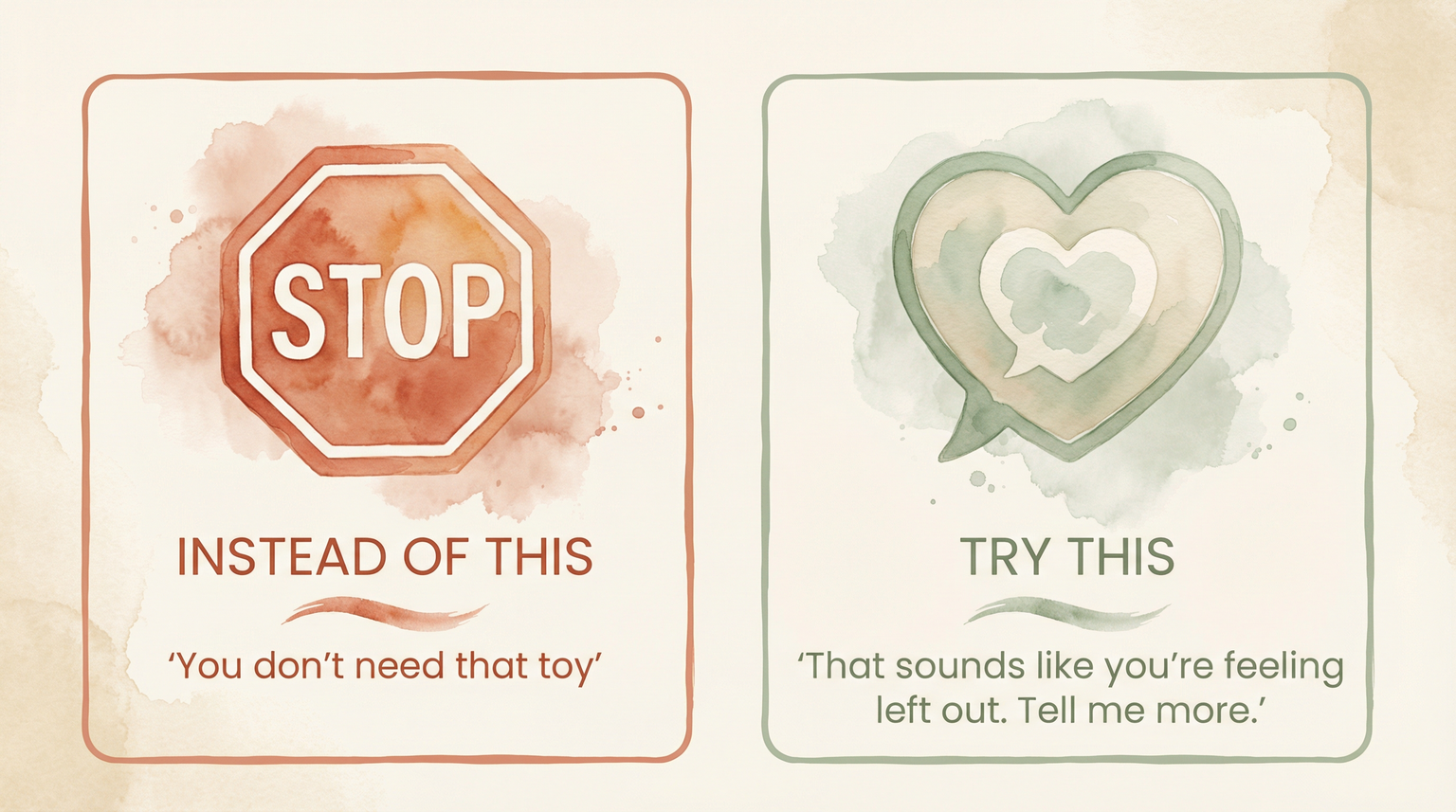 Comparison chart showing ineffective response versus empathetic response to child's gift FOMO
