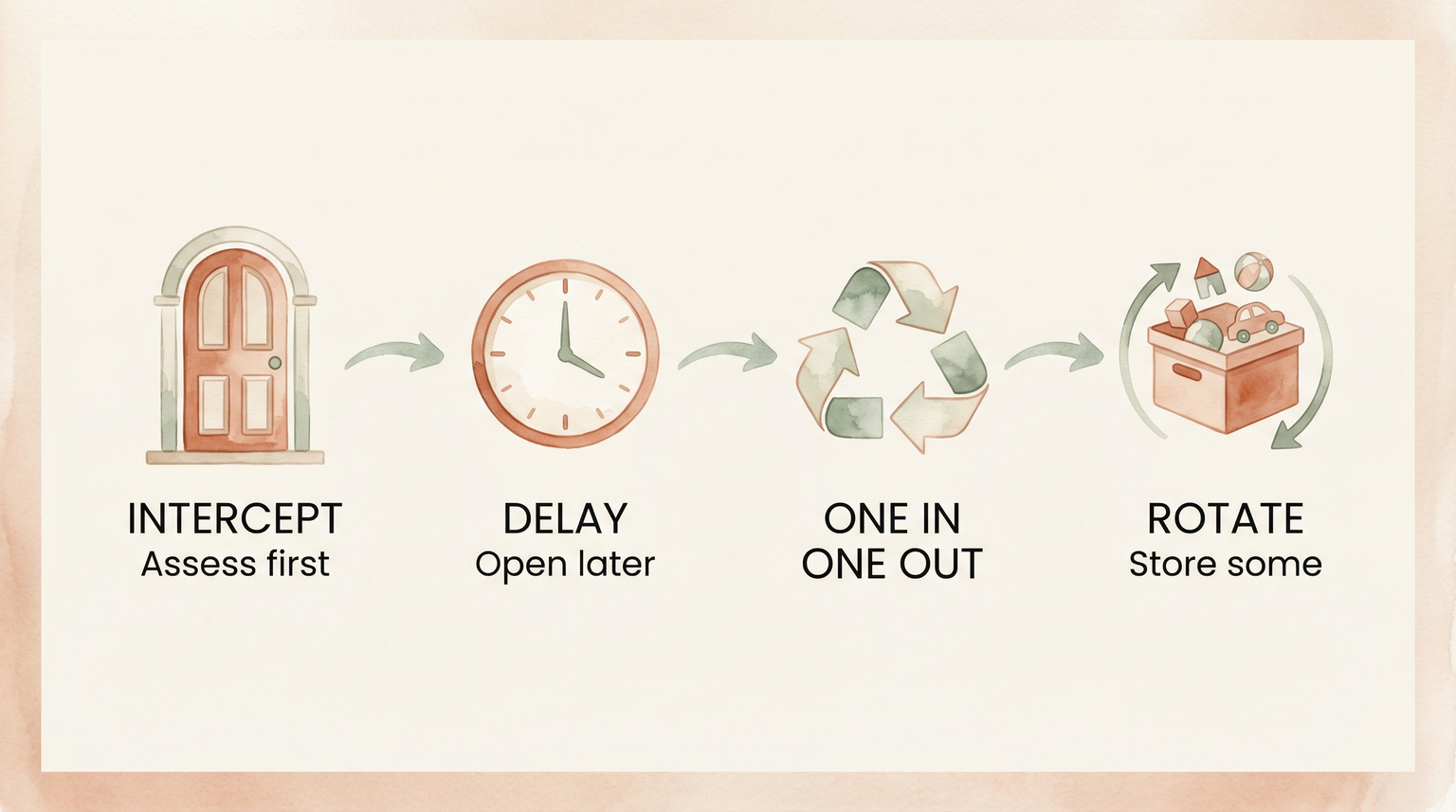 Four-step toy management system showing intercept delay one in one out and rotate strategies