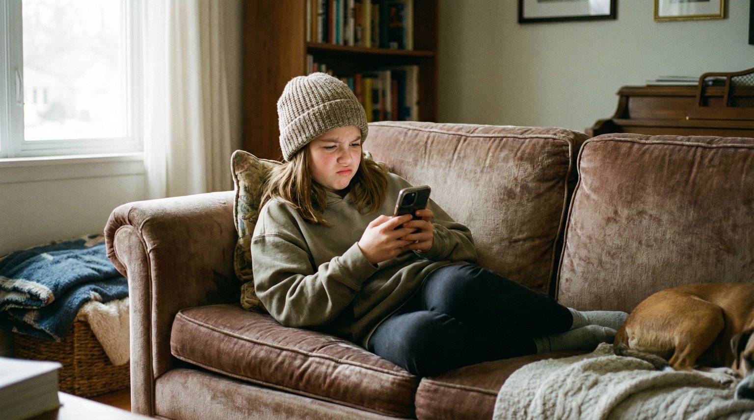 Tween around 11 years old looking at phone screen with conflicted expression on couch in warm living room