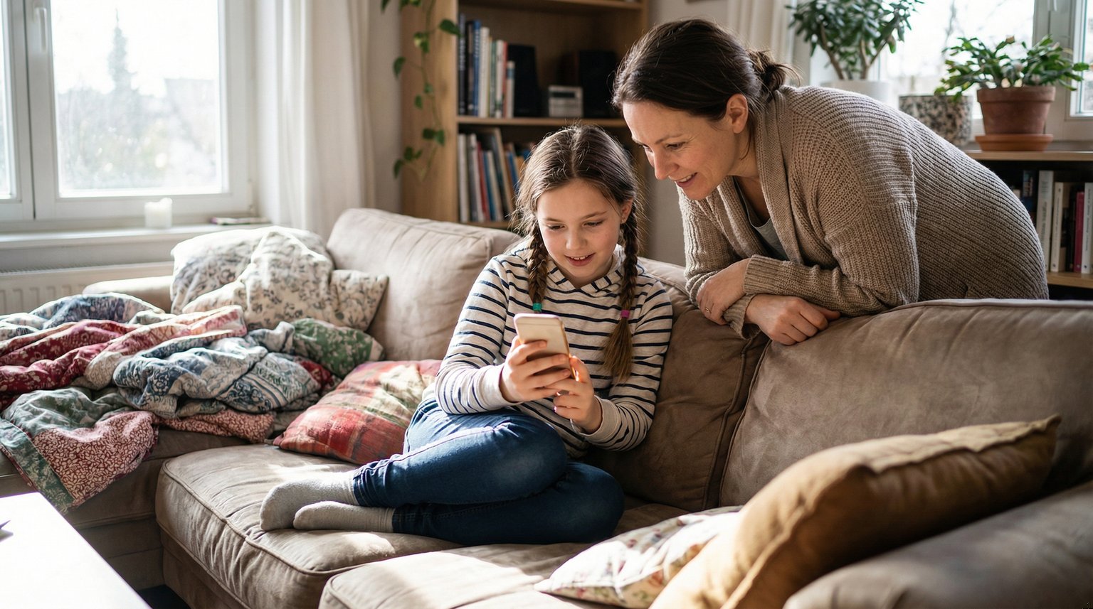 Tween girl showing her phone screen to mom on cozy couch while they watch together