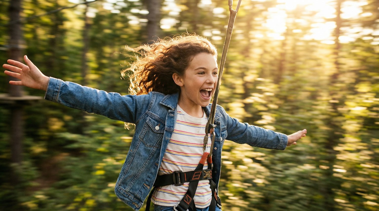 Tween girl on zip line mid-flight with excited smile mixing joy and nervousness in forest setting