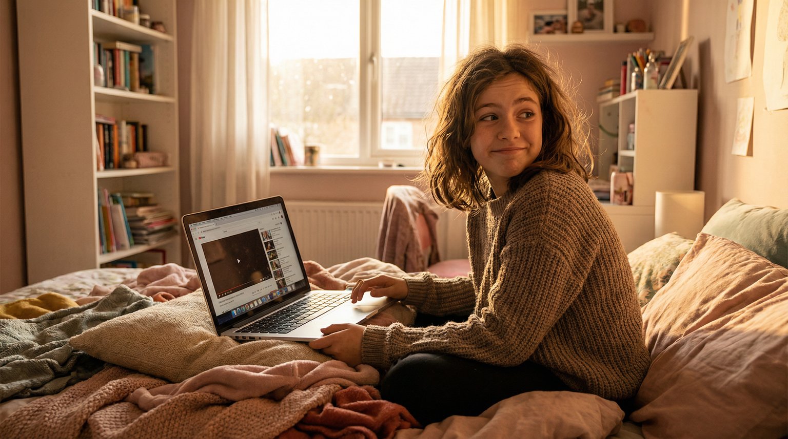Tween girl watching laptop with knowing skeptical expression showing media literacy