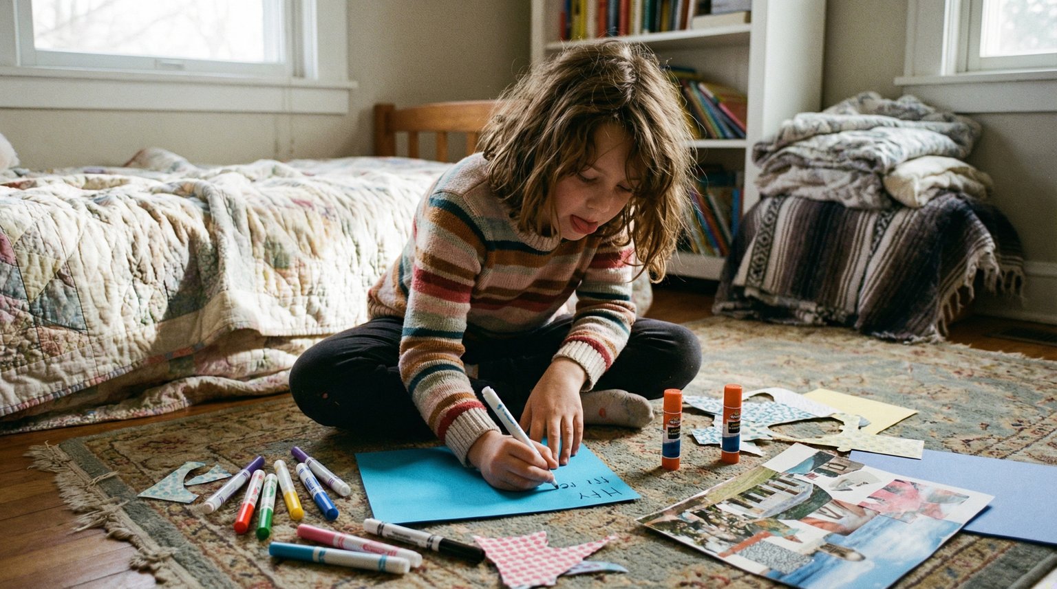 Tween girl sitting cross-legged on bedroom floor concentrating on writing with craft supplies scattered around