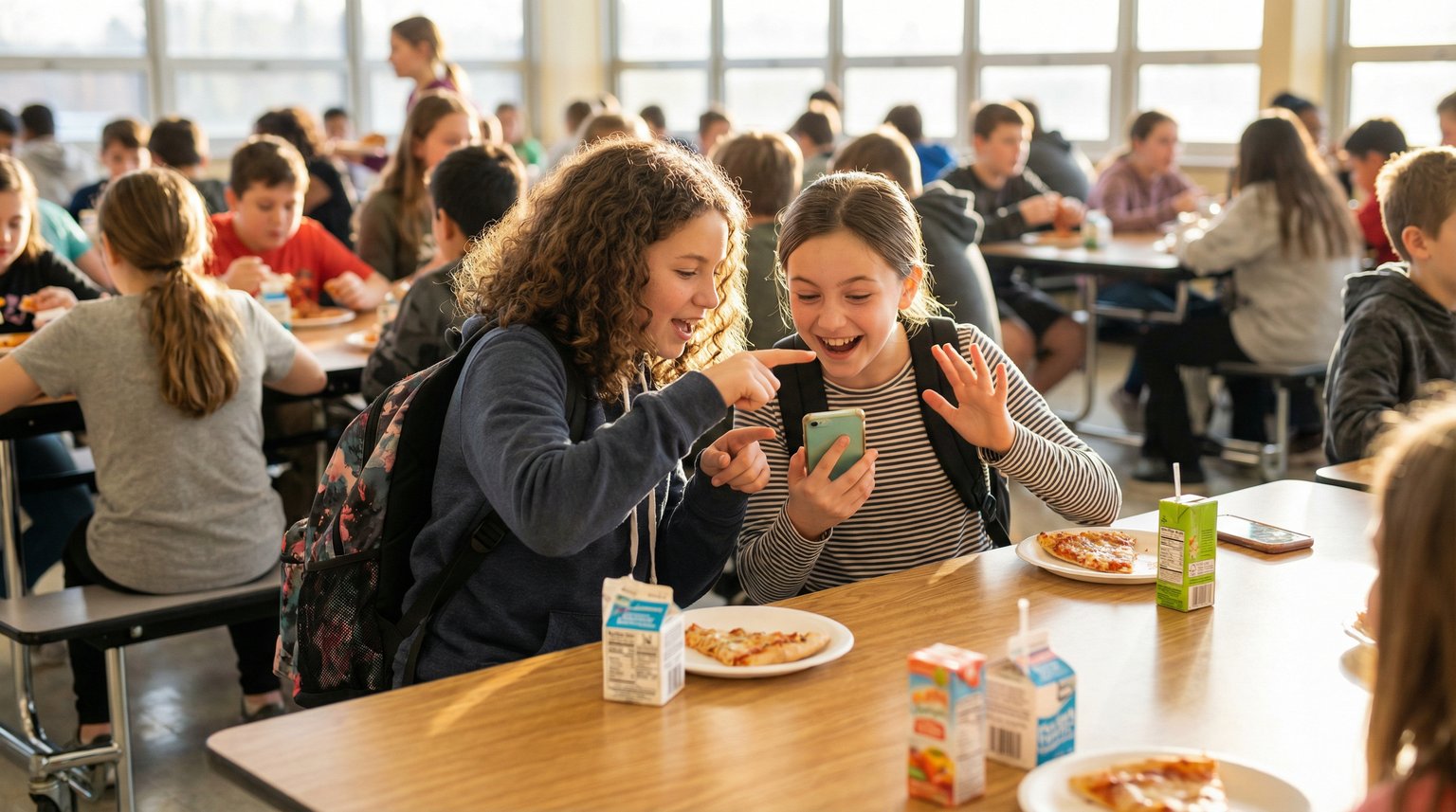 Two tween girls at school lunch table sharing something on phone with excited expressions