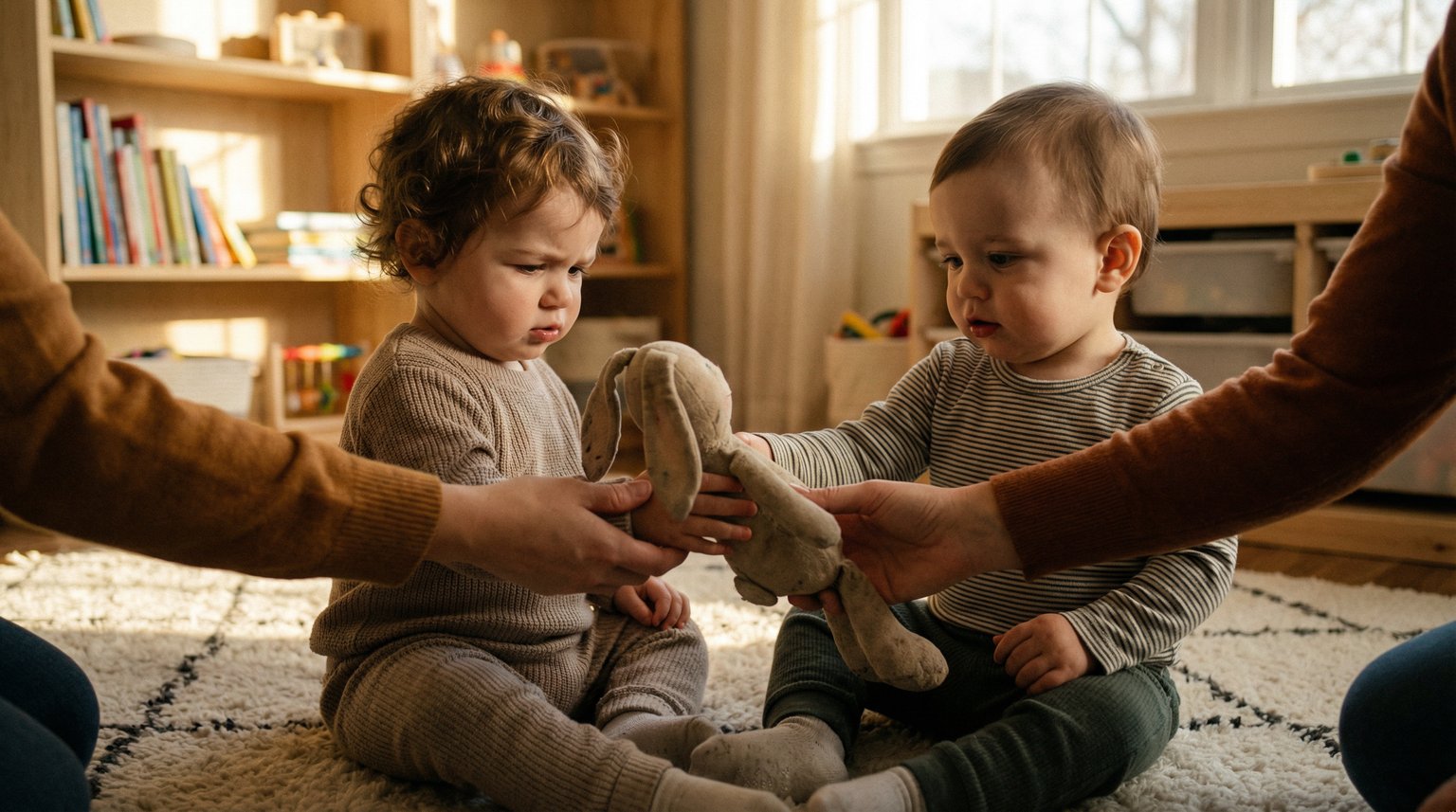 Two toddlers on soft rug with parent's hands gently guiding them as one hands stuffed animal to the other