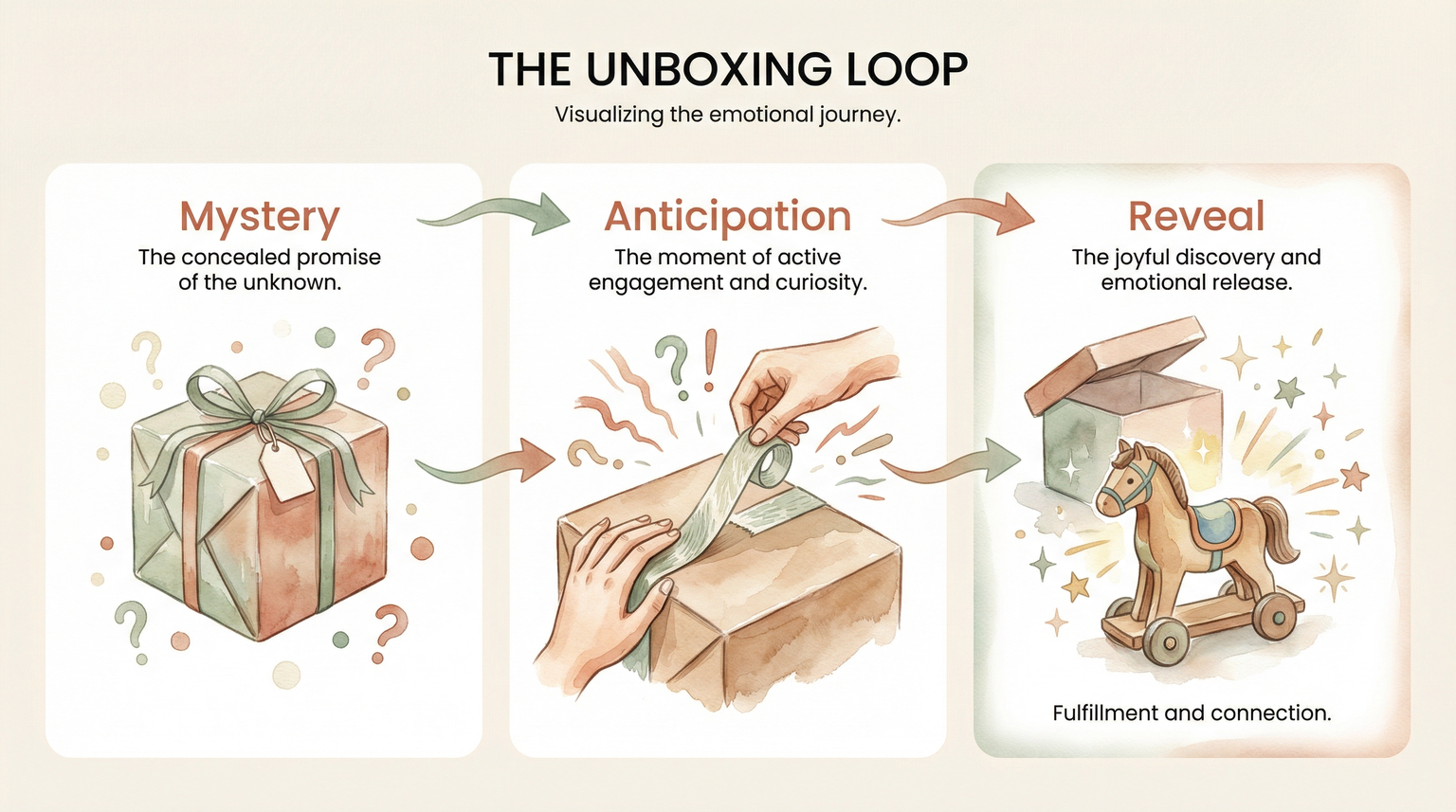 Three-panel infographic showing the unboxing loop from mystery to anticipation to reveal